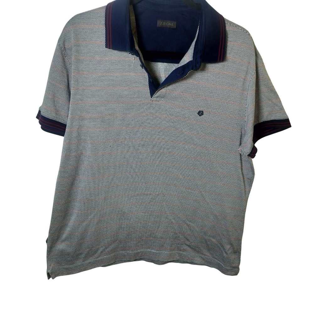 Z Zegna Mens XL Polo‎ Shirt Navy Blue Micro Pattern Cotton Short Sleeve Striped